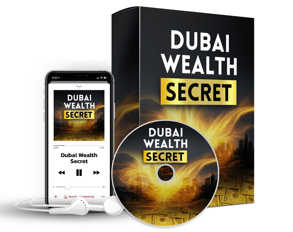 Dubai Wealth Secret product packaging and phone audio player, as presented on the seller's official page